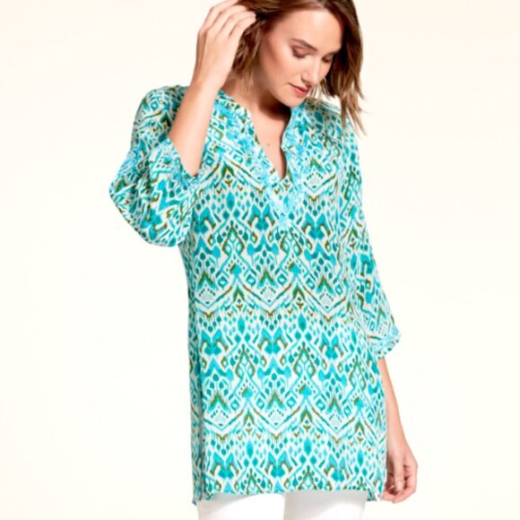 Amaya Blake Turquoise Silk Crepe Tunic M/L lace trim - Picture 1 of 9